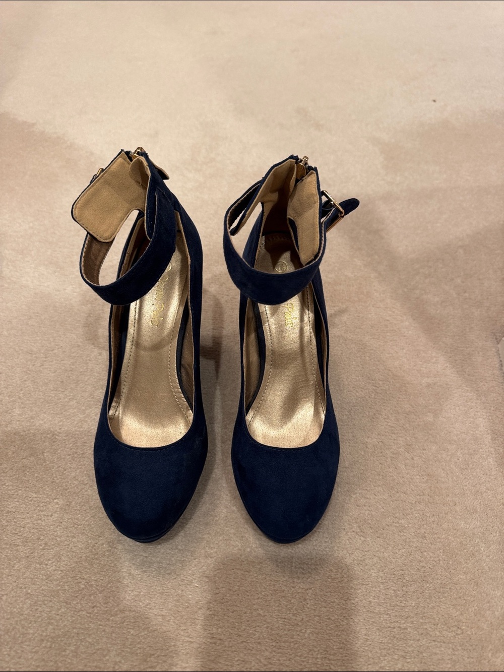 Dream Pairs Navy Ankle-Strap Suede Pumps gold zipper on back at ankle
